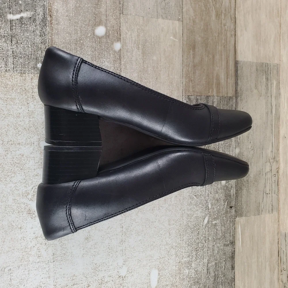 Clarks Marilyn Nora Womens Pump Sz 7 Black Leather Slip On Square Toe Block Heel